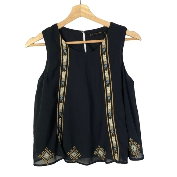Zara Tops - Zara Navy Blue Embroidered Sleeveless Tank Top S